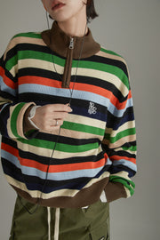 Rainbow Striped Loose Knit Half Zip Sweater