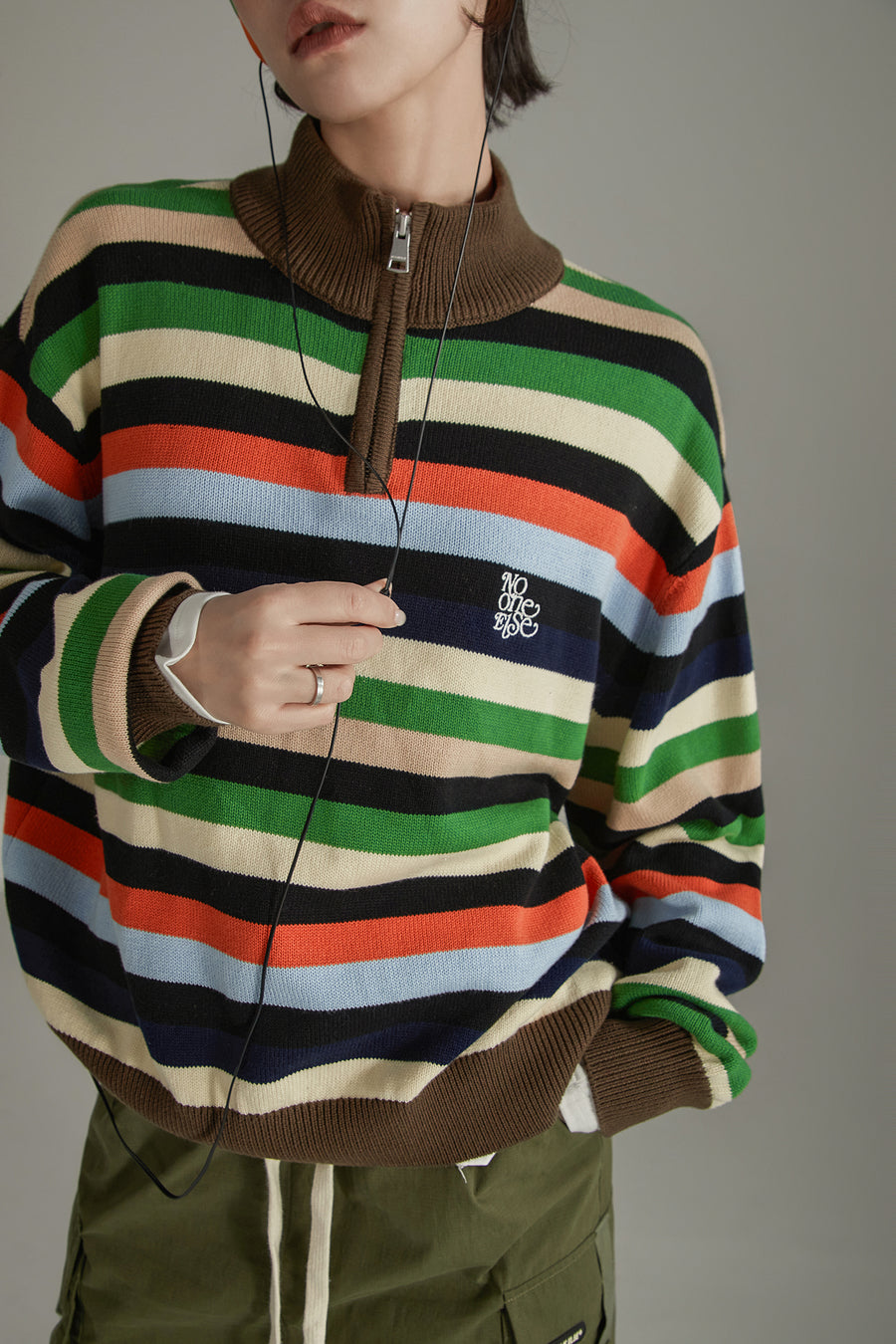 CHUU Rainbow Striped Loose Knit Half Zip Sweater