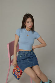 Basic Star Cut Out Short Sleeve Cropped T-Shirt