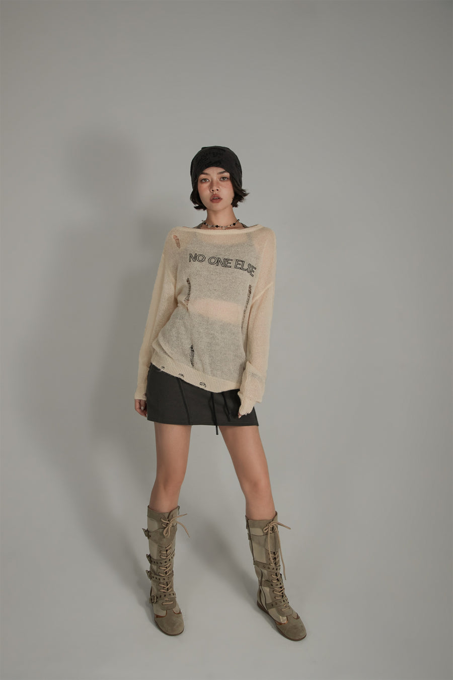 CHUU Distressed Ripped Thin Long Sleeved Knit Sweater