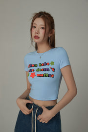 Size Doesnt Matter Colorful Embroidered Slim Crop T-Shirt