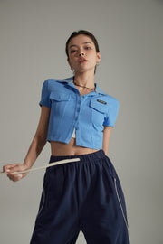 Colored Pocket Cropped Button Shirt