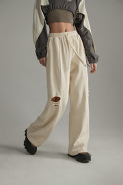 Banded Wide Leg Distressed Slit Pants