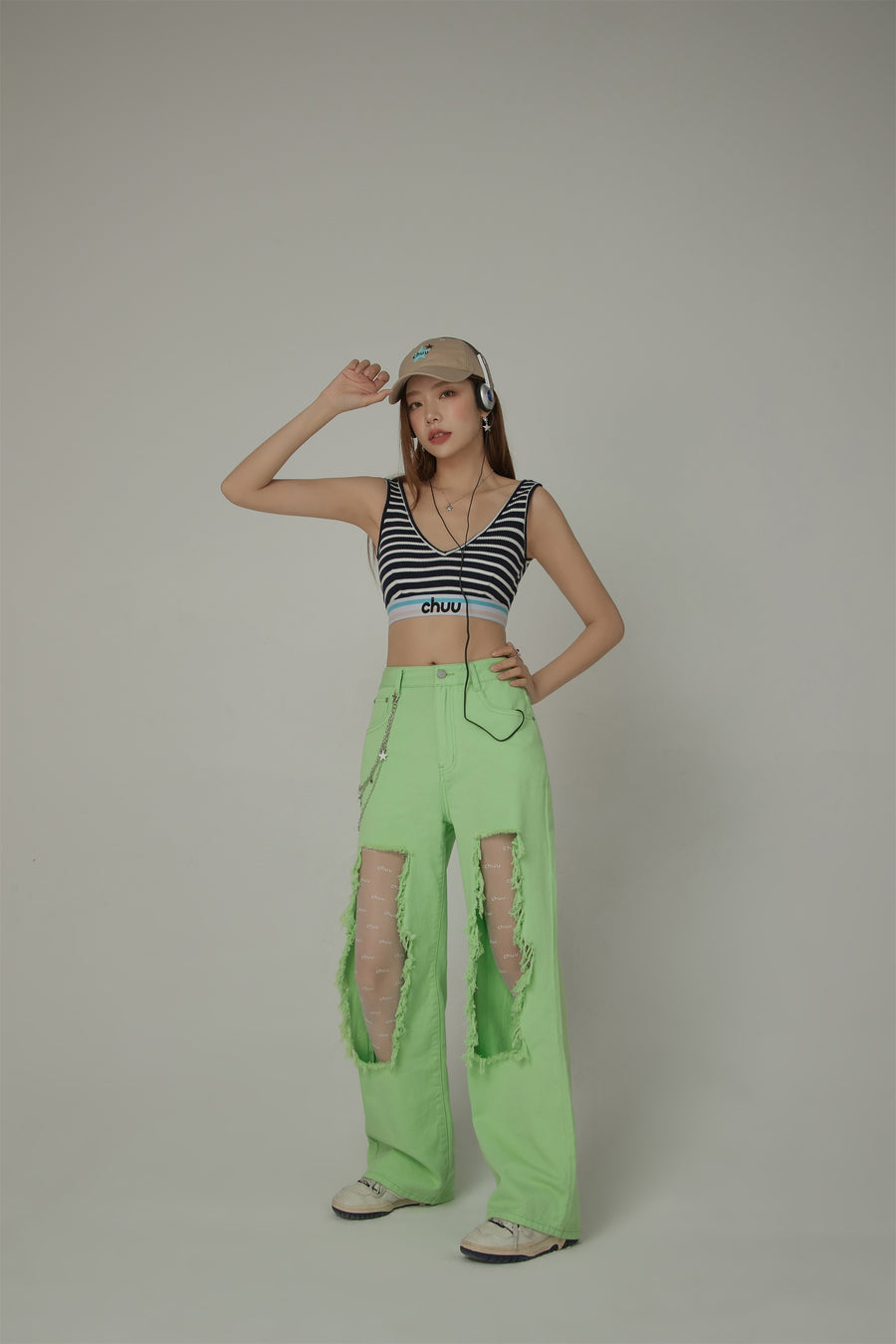 CHUU High Waist Distressed Ripped Open Wide-Leg Pants