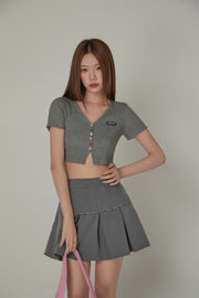 Rainbow Button Raw Hem Cropped T-Shirt