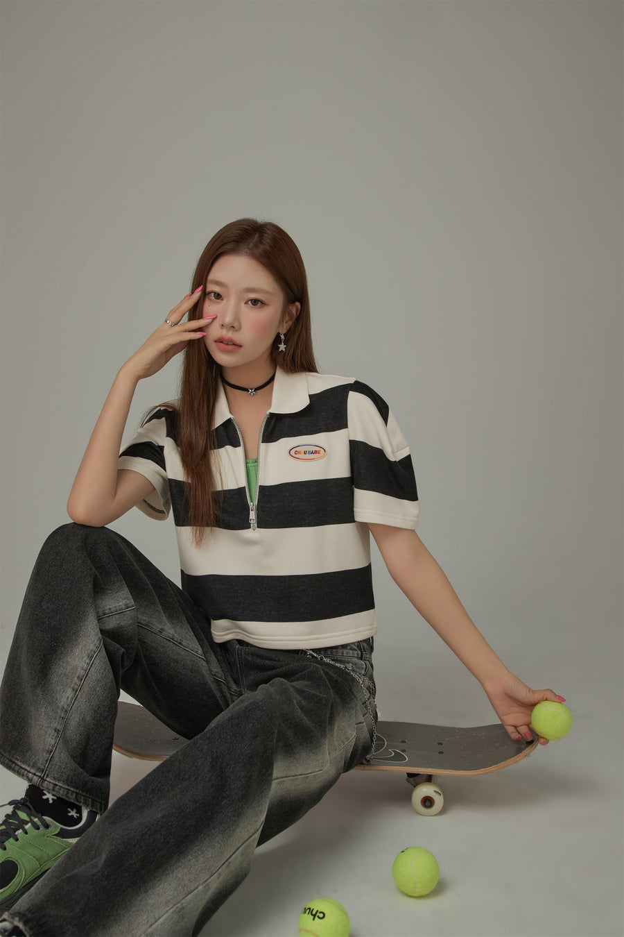 CHUU Half Zip-Up Color Stripe Collar Top