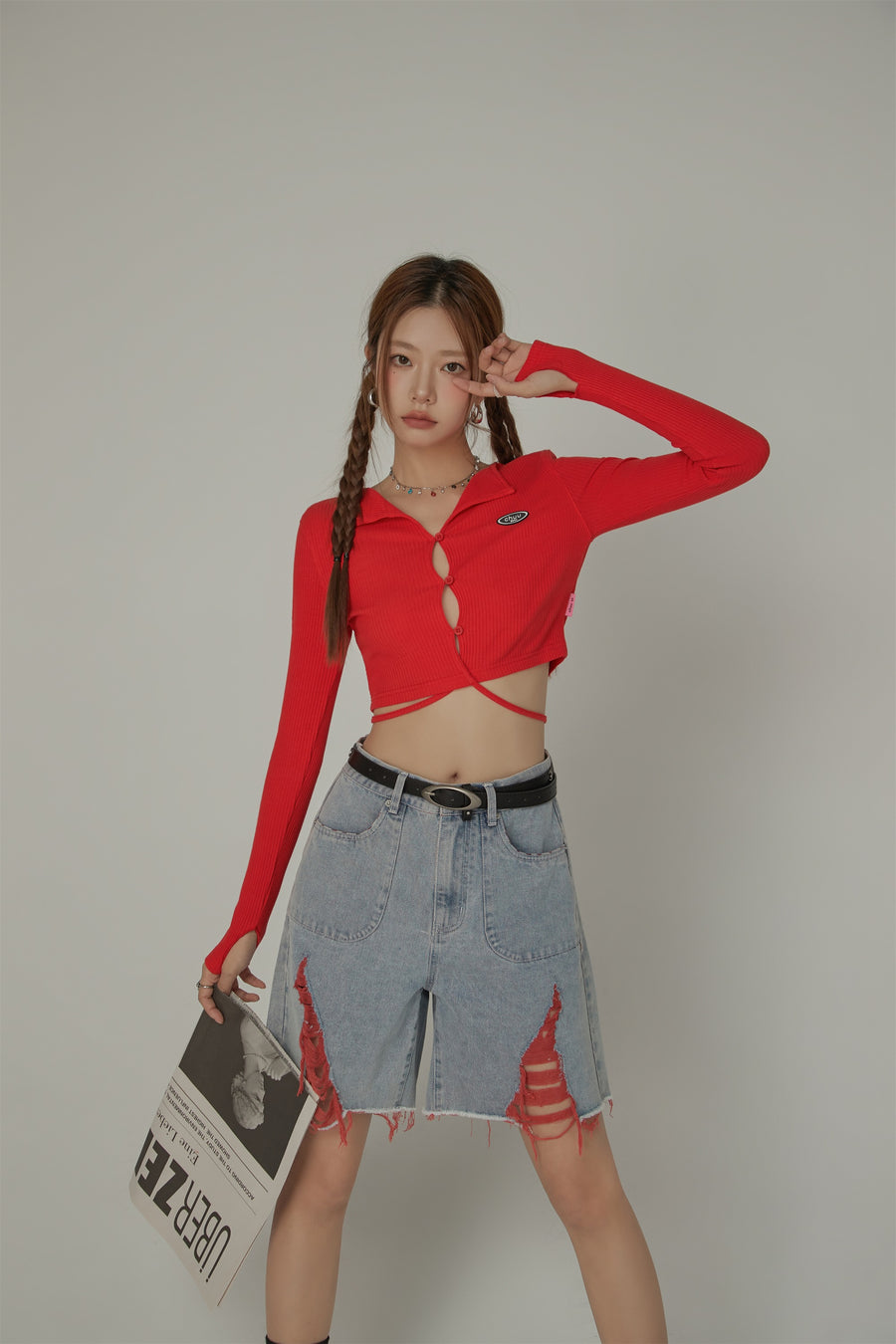 CHUU Ribbed Front Keyhole Long Sleeve Criss Cross Top