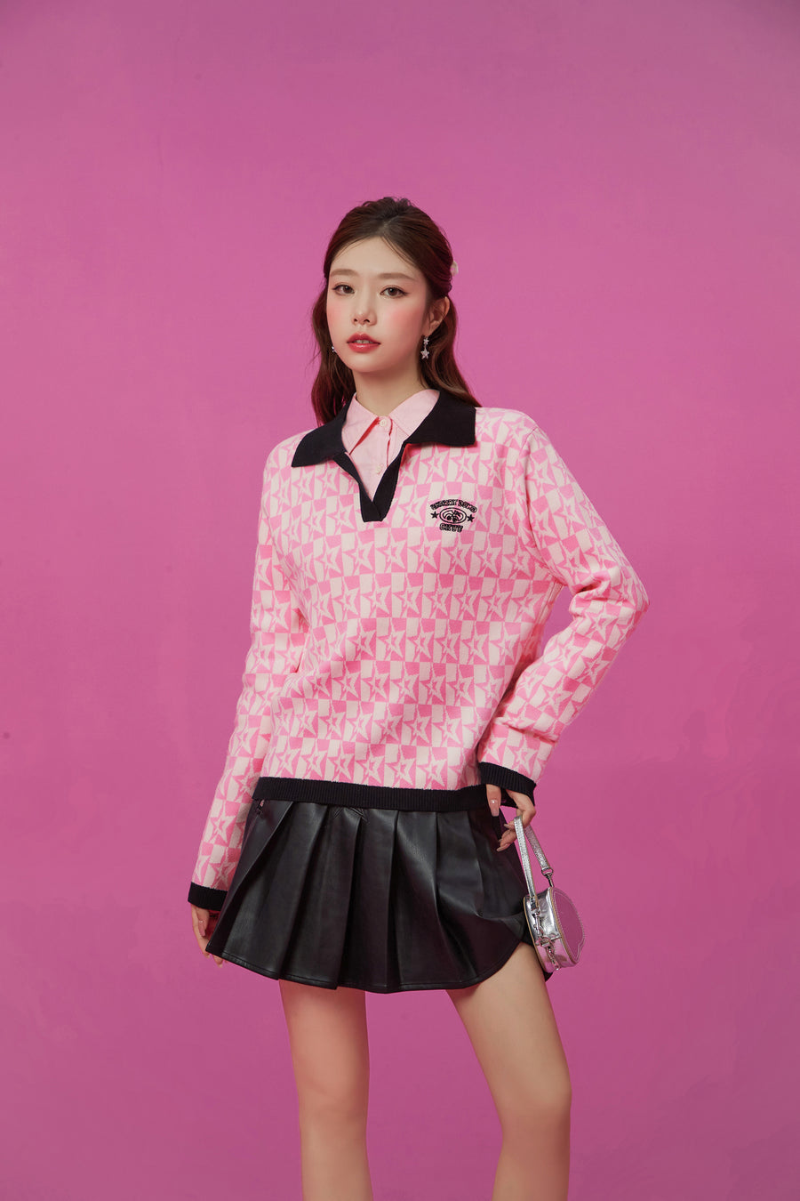 CHUU Open Collar Star Knit Sweater