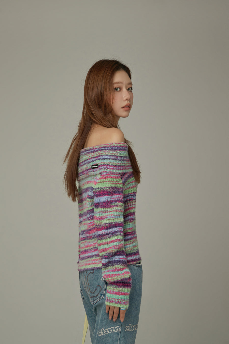 CHUU Off-Shoulder Color Stripe Knit Sweater