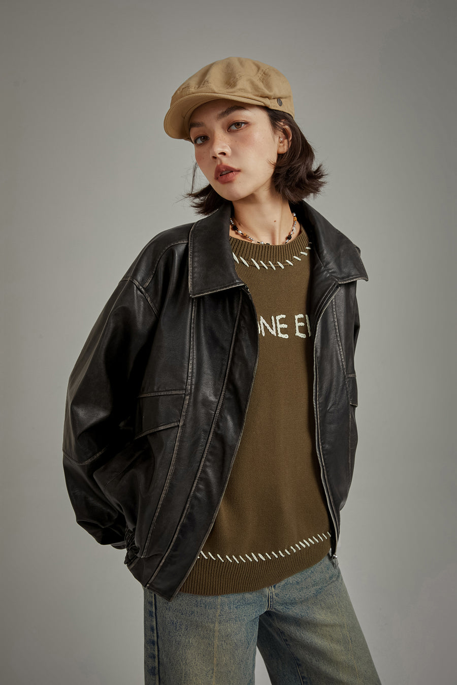 CHUU Leather Back Logo Jacket