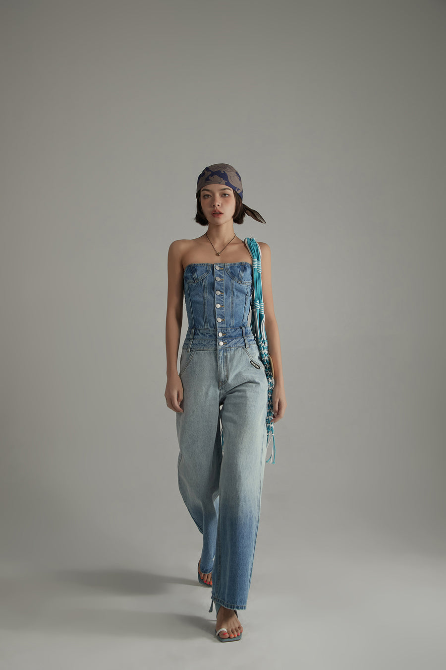 CHUU Tube Top Multi Buttons Denim Jumpsuit