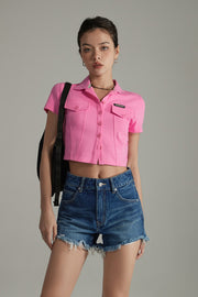 Colored Pocket Cropped Button Shirt