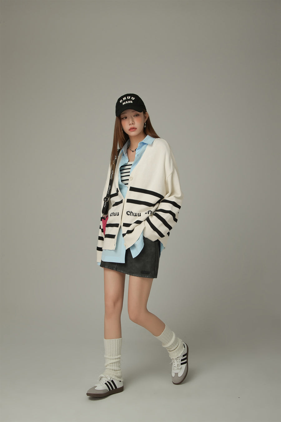 CHUU Lettering Striped Knit Cardigan