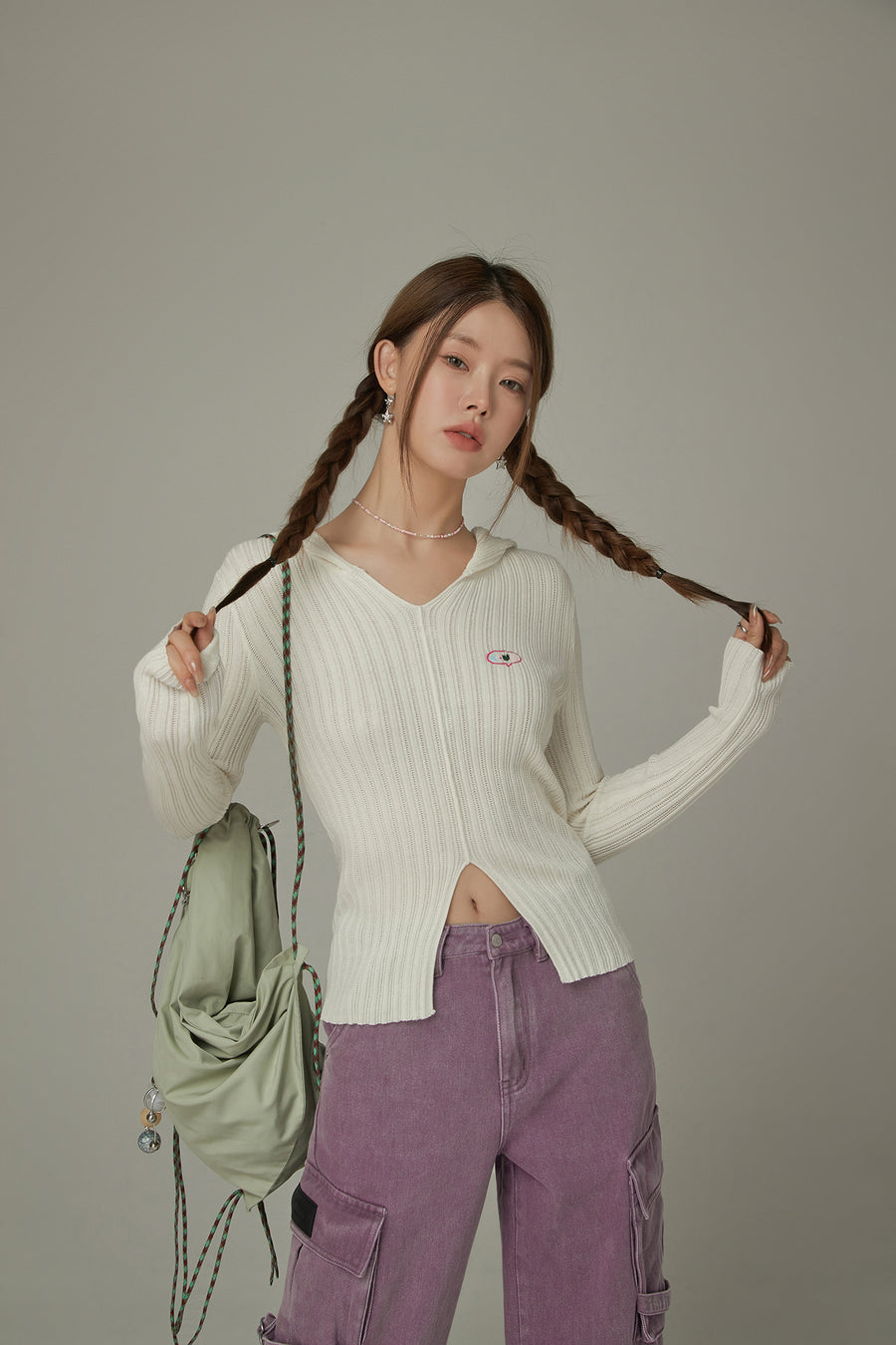 CHUU Slit Ribbed Hood Knit Sweater