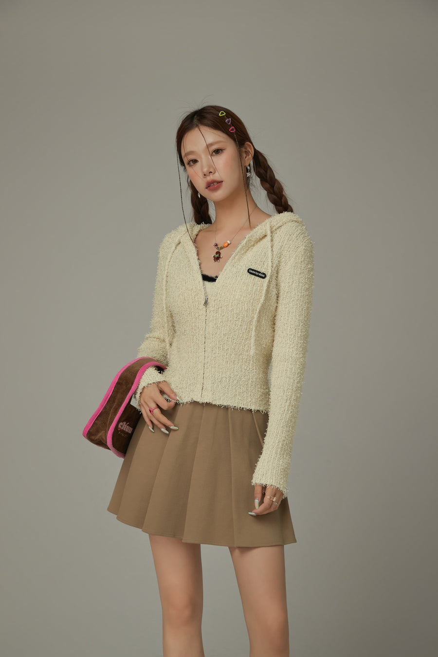 CHUU Fuzzy Hooded Knit Cardigan