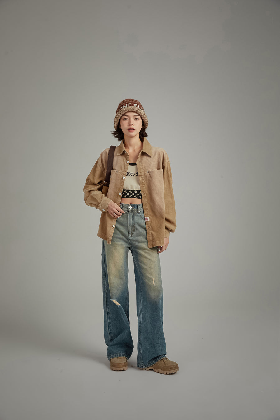 CHUU Stitched Ripped Washed Wide Denim Jeans