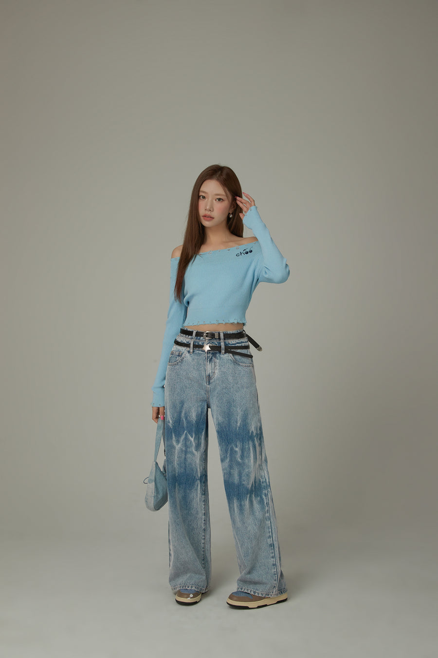 CHUU Double Belted Washed Straight Wide Jeans