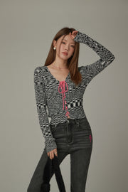 Lace Up Ribbon Slim Knit Top