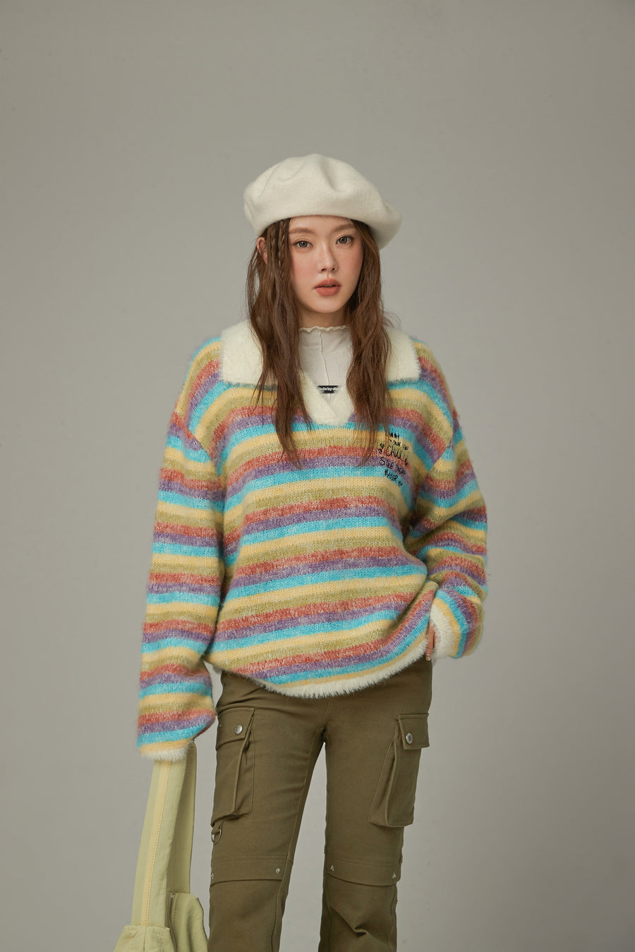 CHUU Collar Rainbow Stripe Knit Sweater