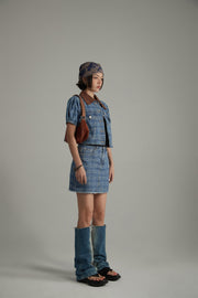 Vintage Check Puffy Short Sleeve Denim Jacket