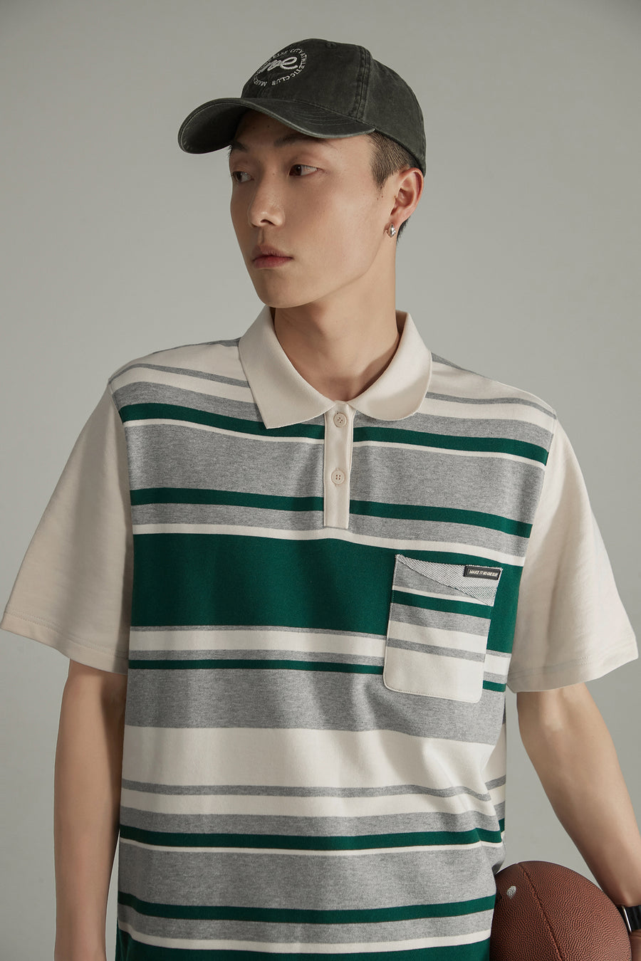 CHUU Polo Neck Striped Loose Fit T-Shirt