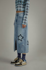 Star Denim Long Slit Skirt