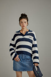 Color Combination Stripe Open Collar Knit Sweater