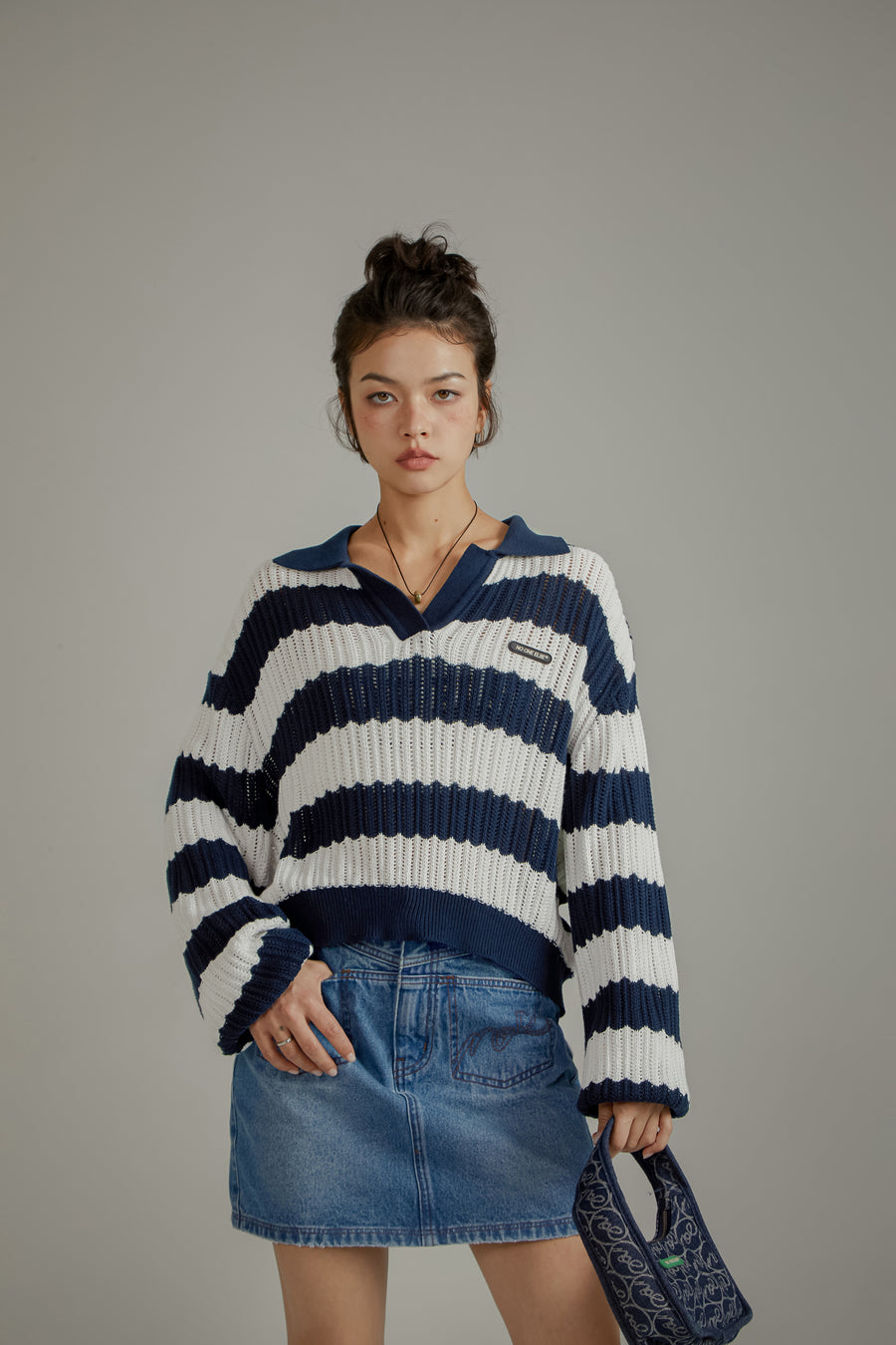 CHUU Color Combination Stripe Open Collar Knit Sweater