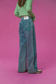 Frayed Denim Color Lined Straight Jeans