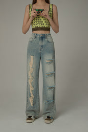 Cotton Distressed Denim Straight Leg Jeans