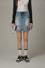 Lace Up Heart Star Denim Skirt