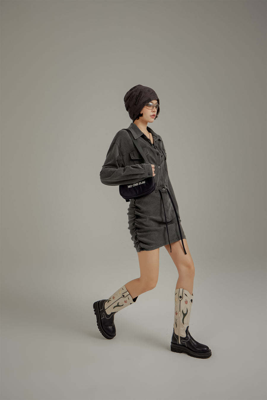 CHUU String Shirring Shirt Mini Dress