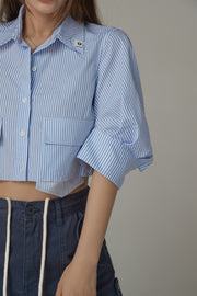 Puffy Sleeve Colored Pocket Crop Shirt