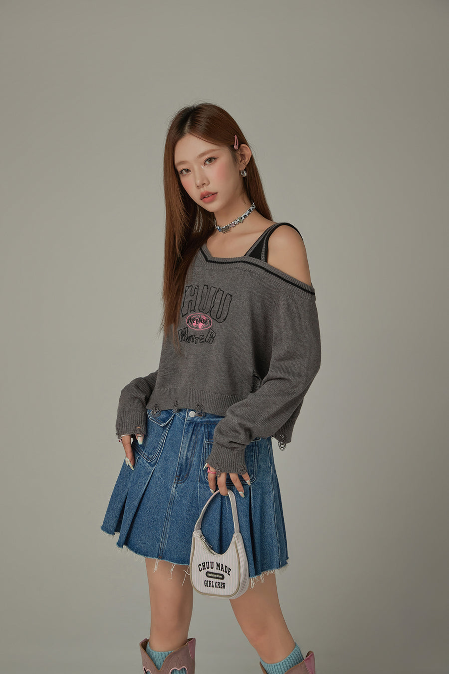 CHUU One Shoulder Cropped Loose Fit Knit Sweater