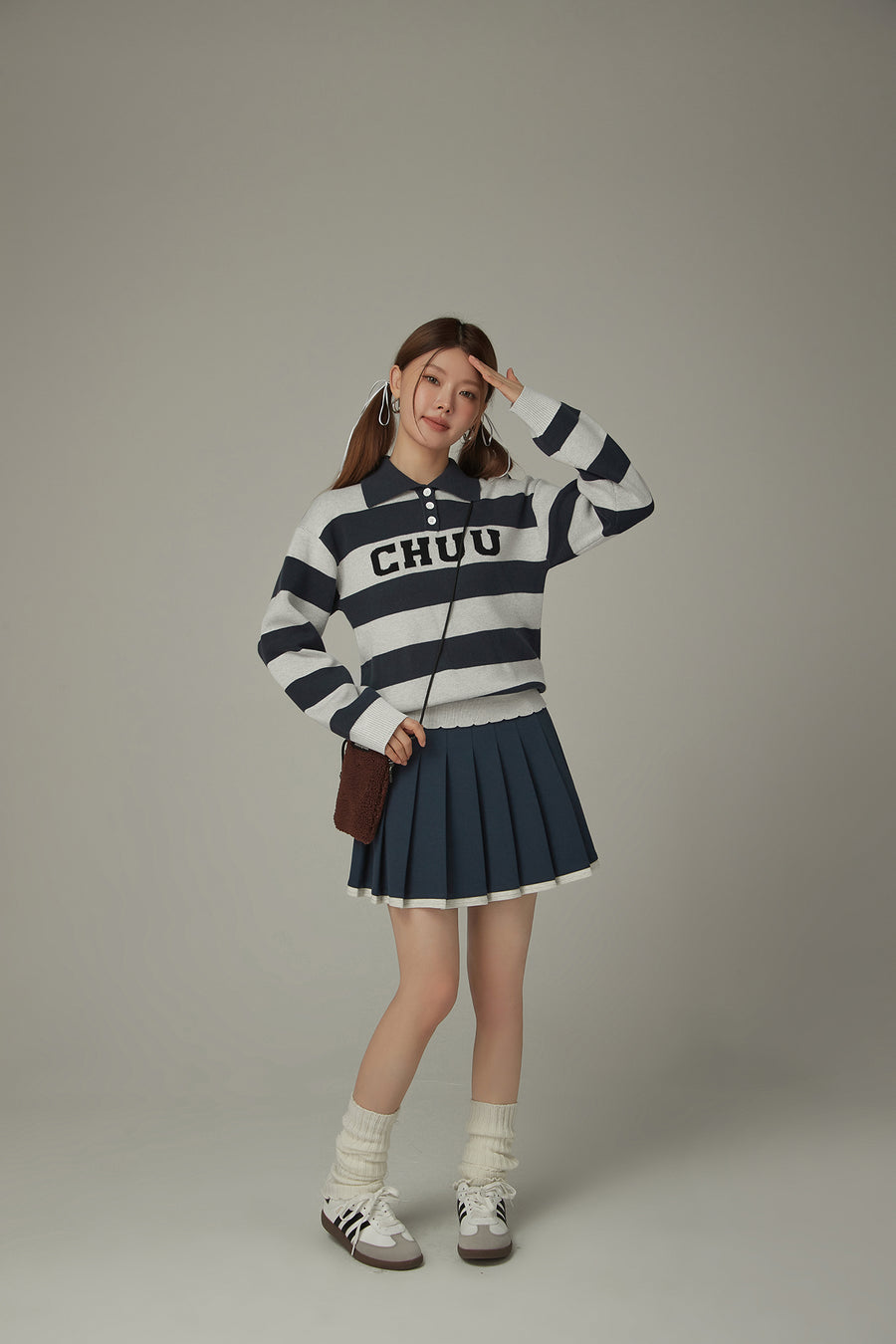 CHUU Polo Neck Striped Knit Top