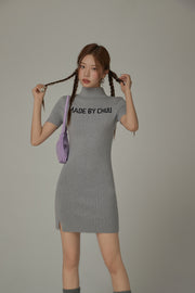 High Neck Logo Knit Mini Dress