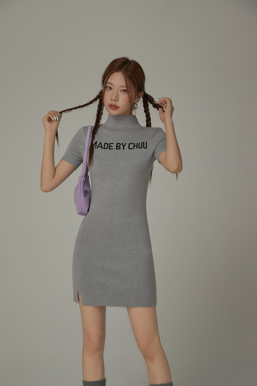 CHUU High Neck Logo Knit Mini Dress