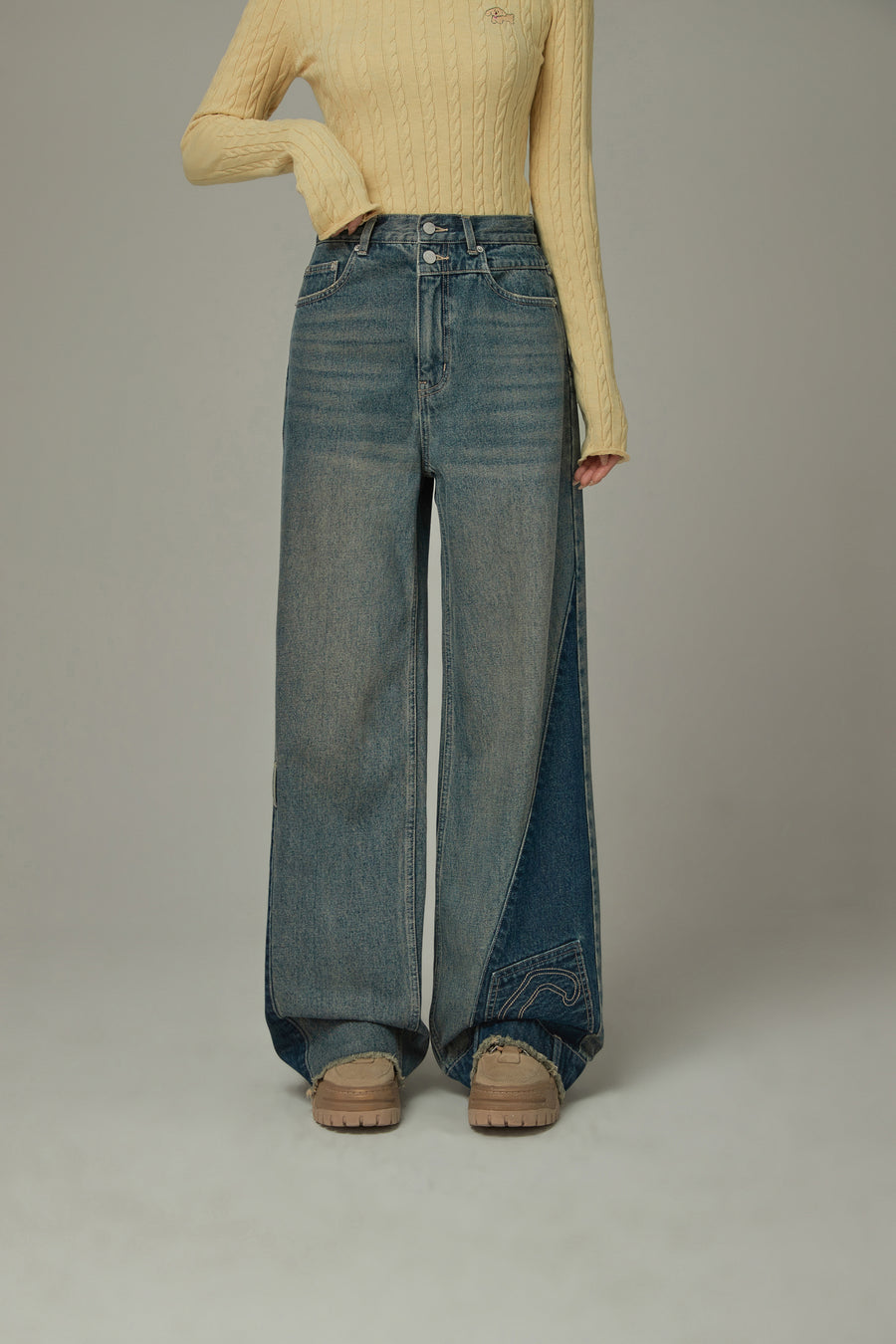 CHUU Cut Patchwork Hem Two Toned Denim Jeans