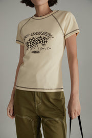 Noe Retro Sporty Stitched Printed T-Shirt