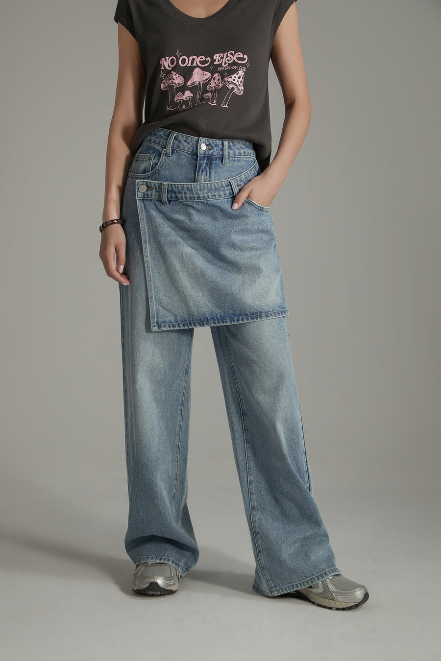 CHUU Layered False Skirt Wide Denim Jeans