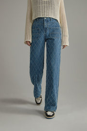 Vintage Argyle Pattern Wide Denim Jeans