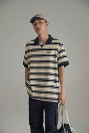 Retro Collar Stripe Short Sleeve T-Shirt