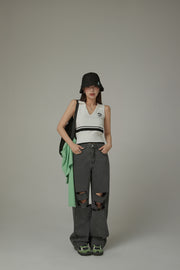 Knit Colorblock Open Collar Sleeveless Vest