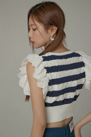 Ruffled Lace Striped Crop Knit Top