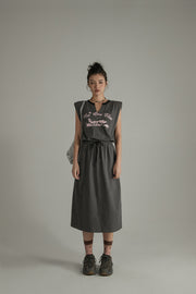 Printed Elastic Waist Drawstring Mid-Length Sleeveless Dress