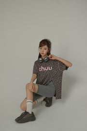 Leopard Side Slit Lettering Loose Fit Mid Length T-Shirt