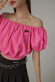 Off The Shoulder Puffy Cropped Tie Blouse