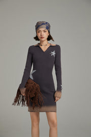 Open Collar Star Knit Dress