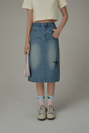 Hollow Star Washed Denim Medium Length Skirt