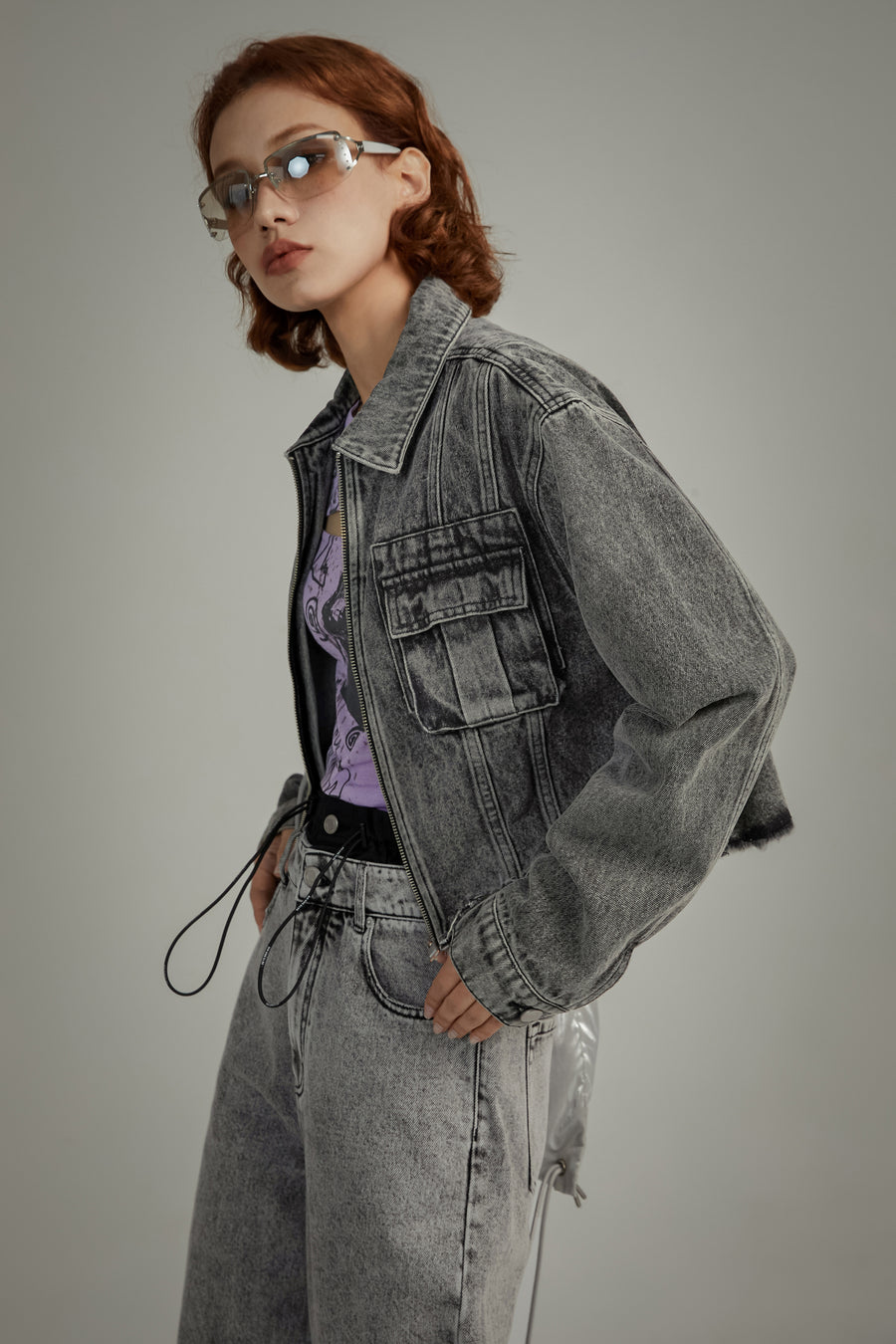 CHUU Logo Pocket Zip-Up Denim Jacket